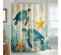 ZAFYYGH Antique Maritime Illustration Shower Curtain, Classic Sea Turtle & Victorian Map Bath Drapery, 180x180cm Waterproof Heavyweight Fabric, Teal & Burnt Gold