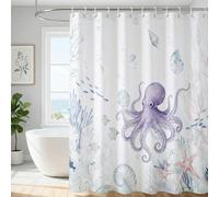 ZAFYYGH Dreamy Watercolor Ocean Shower Curtain, Abstract Sea Turtle & Jellyfish Pattern Bath Decor, 180x180cm Quick-Dry Waterproof Fabric with Hooks, Deep Blue & Lavender