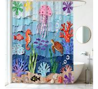 ZAFYYGH Fun Collage Art Ocean Shower Curtain - Colorful Paper Cutout Sea Life Bathroom Decor - Cute Waterproof Fabric Curtain for Bathroom, 72x72 Inch