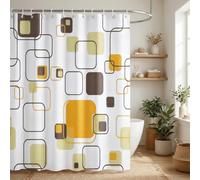 ZAFYYGH Mid-Century Modern Geometric Shower Curtain, Retro Abstract Square Pattern Fabric Bath Curtain, 180x180cm Waterproof Bathroom Decor with 12 Hooks, Yellow and Brown