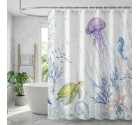 ZAFYYGH Watercolor Sea Turtle and Jellyfish Shower Curtain, Ocean Theme Under the Sea Fabric Bath Curtain, 180x180cm Waterproof Bathroom Decor with 12 Hooks, Blue and Purple