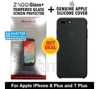 Zagg Glass Screen Protector + Genuine Apple iPhone 8+ 7 Plus Silicone Case Cover