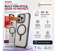 ZAGG Santa Cruz Snap Graphene-Reinforced Case for iPhone 16 Pro Max [6.9-Inch], MagSafe Compatible, Anti-Yellowing, Scratch-Resistant, Slim Design, Shockproof Phone Back Cover (Black)