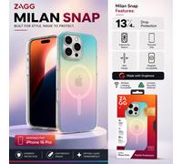 ZAGG Milan Snap Graphene-Reinforced Case for iPhone 16 Pro [6.3-Inch], MagSafe Compatible, Anti-Yellowing, Slim Design, Secure Grip, Fashion-Forward, Shockproof Phone Back Cover (Iridescent)