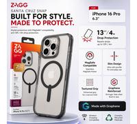 ZAGG Santa Cruz Snap Graphene-Reinforced Case for iPhone 16 Pro [6.3-Inch], MagSafe Compatible, Anti-Yellowing, Scratch-Resistant, Slim Design, Shockproof Phone Back Cover (Black)