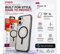 ZAGG Santa Cruz Snap Graphene-Reinforced Case for iPhone 16 [6.1-Inch], MagSafe Compatible, Anti-Yellowing, Scratch-Resistant, Slim Design, Shockproof Phone Back Cover (Black)