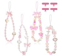 ZAGQIG 4 Pcs Butterfly Bow Cute Knot Beaded Phone Charm Cute Phone Lanyard Wrist Strap Keychain Flower Lanyard Pearl Wrist Strap (Pink C)
