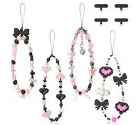 ZAGQIG 4 Pcs Butterfly Bow Cute Knot Beaded Phone Charm Cute Phone Lanyard Wrist Strap Keychain Flower Lanyard Pearl Wrist Strap (Black Pink A)