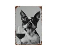 ZAHAABWS Boston Terrier And Wine Wall Art, Black And White PrintWall Decor Art Metal Tin Poster Modern Bar Decorations30x20cm
