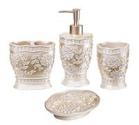 Zahari Home 4pc Rose Vine Bathroom Accessories Sets Lotion Pump, Tumbler, Tooth Brush Holder and Soap Dish Unique Design Beige Bathroom Set