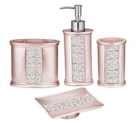 Zahari Home 4pc Sinatra Stylish Bathroom Accessories Set Liquid Soap Dispenser, Tumbler, Tooth Brush Holder and Soap Dish Modern Classic Luxury Decor Bling Mosaic Glass Blush Bathroom Accessories