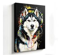 ZAhdfO Black and White Dog Canvas Print, Dog with Headphones Music Graffiti Art, Colorful Splash Animal Painting, Modern Pop Art Wall Decoration(20x30cm/Internal Frame)