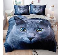 ZAHOCAI King Size Duvet Cover Dark Blue Russian Blue Cat - Easy Care Ultra Soft Microfibre with zipper Duvet Cover with 2 Pillow Cases 19"X29" - Cosy Warm 3D King Size Bedding Sets(230x220cm)