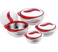 Zahran 4pc Round Heat Insulated Food Storage Hot Pot Food Warmer/Cooler with Lid-Thermal Soup/Salad Serving Bowl- Stainless Steel Hot Food Container Best Gift Set Holidays Pinnacle Parisa (Print Red)