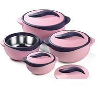 Zahran 4pc Round Heat Insulated Food Storage Hot Pot Food Warmer/Cooler with Lid-Thermal Soup/Salad Serving Bowl- Stainless Steel Hot Food Container Best Gift Set Holidays Pinnacle Parisa (Matt Pink)