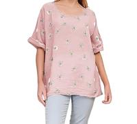 Ladies Italian Quirk New daisy print Linen Mix Lightweight Cotton Top Round Neck 3/4 Sleeves Casual Tunic crop top One Size UK (10-20) Pink