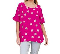 Ladies Italian Quirk New daisy print Linen Mix Lightweight Cotton Top Round Neck 3/4 Sleeves Casual Tunic crop top One Size UK (10-20) Fuchsia