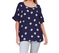 Ladies Italian Quirk New daisy print Linen Mix Lightweight Cotton Top Round Neck 3/4 Sleeves Casual Tunic crop top One Size UK (10-20) Navy