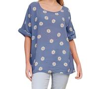 Ladies Italian Quirk New daisy print Linen Mix Lightweight Cotton Top Round Neck 3/4 Sleeves Casual Tunic crop top One Size UK (10-20) Denim Blue