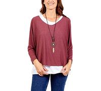 Zaif & Hari New Women's Ladies Italian Fine Knit Long Sleeve Glitter Trim 2 in 1 Necklace Top Blouse (12-14, Wine)