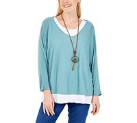 Zaif & Hari New Women's Ladies Italian Fine Knit Long Sleeve Glitter Trim 2 in 1 Necklace Top Blouse (12-14, Mint)