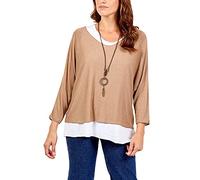 Zaif & Hari New Women's Ladies Italian Fine Knit Long Sleeve Glitter Trim 2 in 1 Necklace Top Blouse (12-14, Mocha)