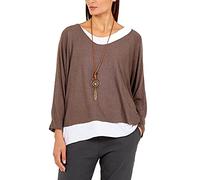 Zaif & Hari New Women's Ladies Italian Fine Knit Long Sleeve Glitter Trim 2 in 1 Necklace Top Blouse (12-14, Brown)