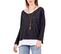 Zaif & Hari New Women's Ladies Italian Fine Knit Long Sleeve Glitter Trim 2 in 1 Necklace Top Blouse (8-10, Black)