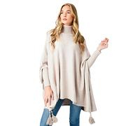 Zaif & Hari Women Ladies Hi Neck Batwing Tassels Poncho Fine Knitted Winter Shawl Jumper Top One Size Fits 10-28 (One Size 8-28, Beige)