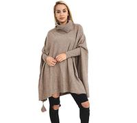 Zaif & Hari Women Ladies Hi Neck Batwing Tassels Poncho Fine Knitted Winter Shawl Jumper Top One Size Fits 10-28 (One Size 8-28, Mocha)
