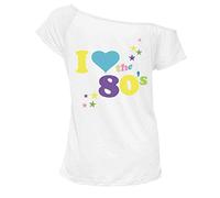 Zaif & Hari Womens I Love The 80s Baggy T Shirt Off Shoulder Ladies Retro Pop Star Top Fancy Dress Size 8-26 (UK L/XL 16-18, White)
