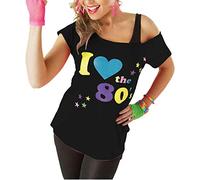 Zaif & Hari Womens I Love The 80s Baggy T Shirt Off Shoulder Ladies Retro Pop Star Top Fancy Dress Size 8-26 (UK L/XL 16-18, Black)
