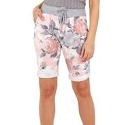 Zaif & Hari Women's Italian Cotton Shorts 3/4 Cropped Turn-Up Trousers - Elastic Waist Drawstring Denim Magic Shorts - Pink Rose Light Blue-12/14