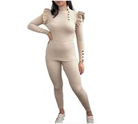 Zaif & Hari Womens Ladies Fine Ribbed Frill Peplum Gold Button Loungewear Suit Tracksuit Set (Beige, 14)