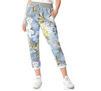 Zaif & Hari Womens Ladies Italian Floral Rose Printed Turn Up Trousers Plain Elastic Waist Cotton Casual Summer Trouser Jogging Bottoms Pants Plus Size (8-10, Light Blue)