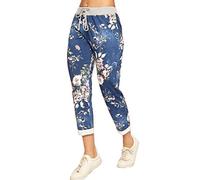 Zaif & Hari Womens Ladies Italian Floral Rose Printed Turn Up Trousers Plain Elastic Waist Cotton Casual Summer Trouser Jogging Bottoms Pants Plus Size (12-14, Navy Floral Print)