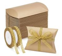 ZAJINJABD 50 Pcs Pillow Gift Boxes with Windows,Kraft Paper Mini Pillow Packaging Box, Creative Favor Box Folding Treat Boxes for Bakery Candy Chocolate Jewelry Display Wedding Party Favor (Gold)