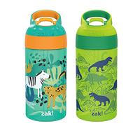 Zak Designs 16oz Riverside Kids Water Bottle with Spout Cover and Built-in Carrying Loop, Made of Durable Plastic, Leak-Proof Design for Travel (Dino Camo & Safari, Pack of 2)