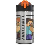 Zak Designs Minecraft - Stainless Steel Water Bottle with One Hand Operation Action Lid and Built-in Carrying Loop, Kids Water Bottle with Straw Spout is Perfect for Kids (15.5 oz, 18/8, BPA Free)