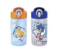 Zak Designs Sonic the Hedgehog Kids Water Bottle For School or Travel, 16oz 2-Pack Durable Plastic Water Bottle With Straw, Handle, and Leak-Proof, Pop-Up Spout Cover (Sonic, Tails)