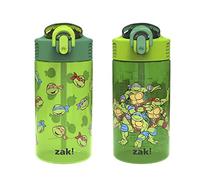 Zak Designs Teenage Mutant Ninja Turtles Kids Water Bottle for School or Travel, 16oz 2 Count (Pack of 1) Durable Plastic Water Bottle with Straw, Handle, and Leak-Proof, Pop-Up Spout Cover (TMNT)