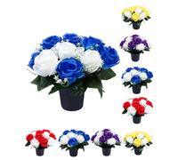 ZaKaBox Artificial Flowers for Graves,16 Blue & White Roses in Black Pot, Grave Pots with Artificial Flowers for Outdoor Cemetery Decoration, Realistic Grave Ornaments