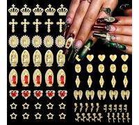 ZAKCBEAUR 80Pcs Gold Virgin Mary Nail Charms Set with Crowns, Crosses, Hearts, Angel Wings, Stars,four types of Roses, for Women Girls Nail Decorations DIY Craft