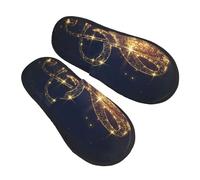 ZaKhs Gold Musical Note with Fallen Shiny Star Print Women's Slippers Non Slip Fuzzy Slippers Cute House Slippers For Indoor Outdoor L