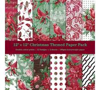ZAKHSE Scrapbook Paper 12"x12", 24 Sheets Christmas Double-sided Paper Pack, Red Flower Bird Prints Cardstock Paper, 160gsm Heavyweight Decorative Craft Paper for Card Making Photo Album Decor