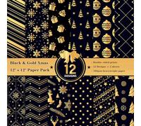 ZAKHSE Scrapbook Paper 12"x12", 24 Sheets Christmas Tree Snowflakes Prints Double-sided Cardstock Paper, 160gsm Decorative Craft Paper Pad for Card Making Photo Album Background Decor-Gold/Black