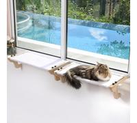 Zakkart 2PC Easy Seat Cat Perch for Window Sill - Hammock Design w/Pine Wood & Robust Metal Frame - Cat Window Seat for Large Cats and Kittens (Natural Color Wood w/White Bed, Medium (23''W x 14''D))