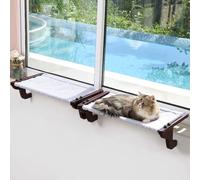 Zakkart 2PC Easy Seat Cat Perch for Window Sill - Hammock Design w/Pine Wood & Robust Metal Frame - Cat Window Seat for Large Cats and Kittens (Dark Stained Wood w/Gray Bed, Medium (23''W x 14''D))