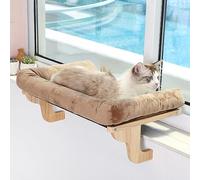 Zakkart Cat Perch for Window Sill with Bolster - Orthopedic Hammock Design with Premium Hardwood & Robust Metal Frame - Cat Window Seat for Large Cats and Kittens - Natural Color Wood with Brown Bed