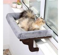 Zakkart Cat Perch for Window Sill with Bolster - Orthopedic Hammock Design with Premium Hardwood & Robust Metal Frame - Cat Window Seat for Large Cats and Kittens - Dark Stained Wood with Gray Bed